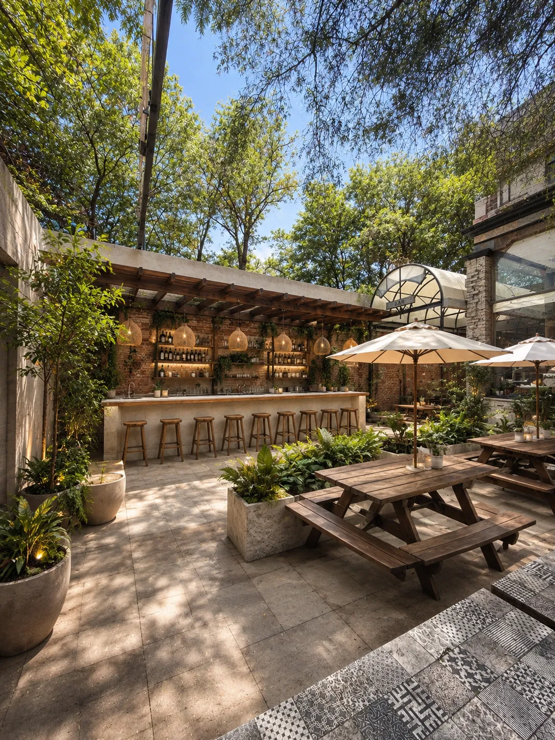 Patio de la casona con barra, mesas tipo picnic y plantas